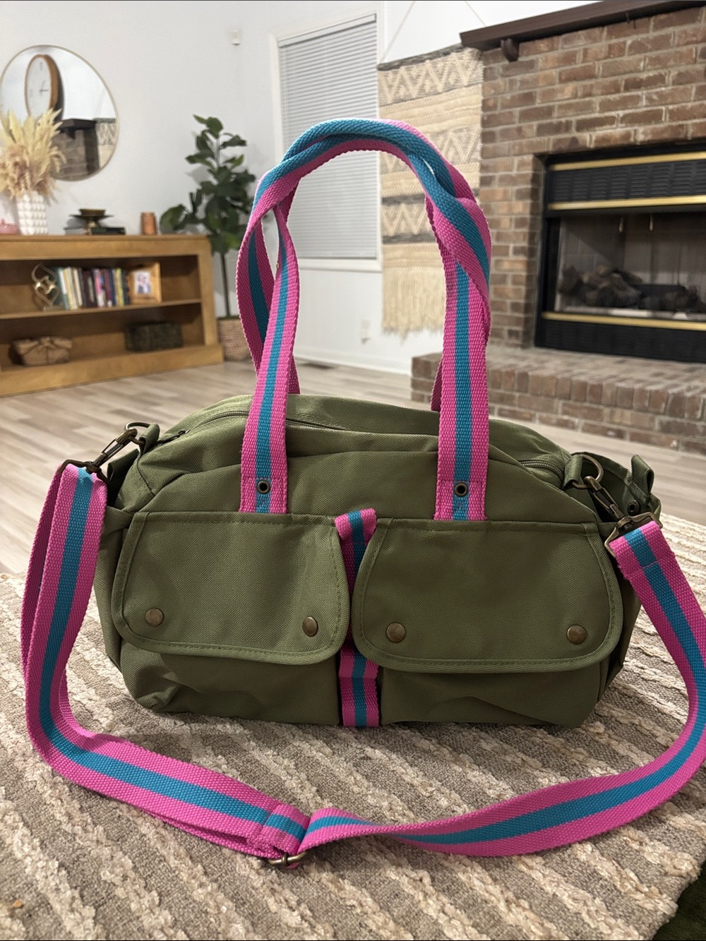Ralph Lauren Olive Green Canvas Duffel with Pink & Teal Straps - Picture 2 of 10